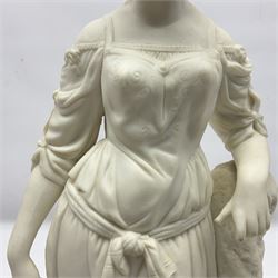Parian figure modelled as a female in classical dress leaning upon a tree stump, H36cm