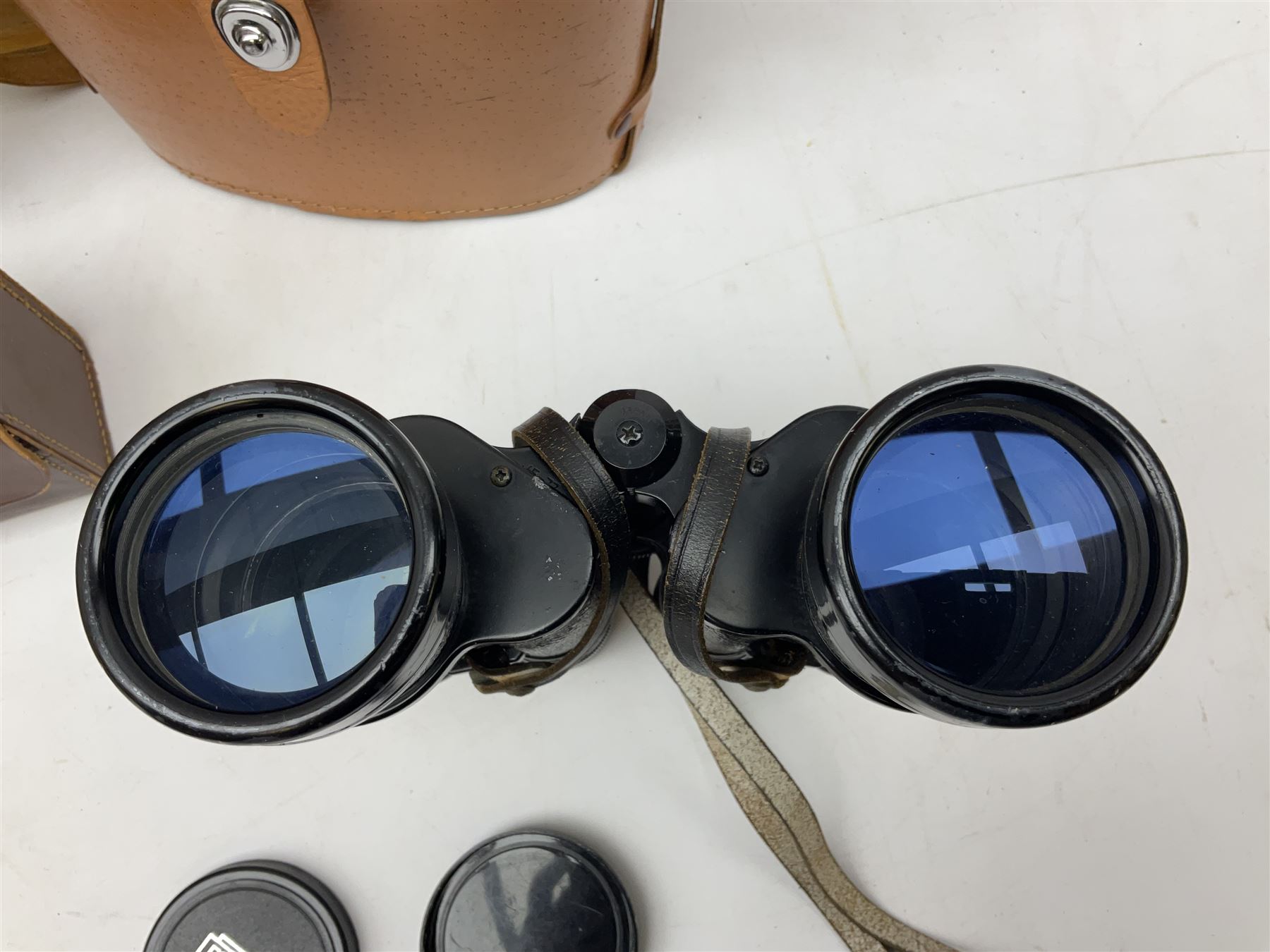 Pair of Rayswi of Harrogate carved oak candlesticks with brass mounts, in the form of an imp, together with a cased pair of Photopia binoculars, mother of pearl opera glasses, Bush radio, oak inkstand etc