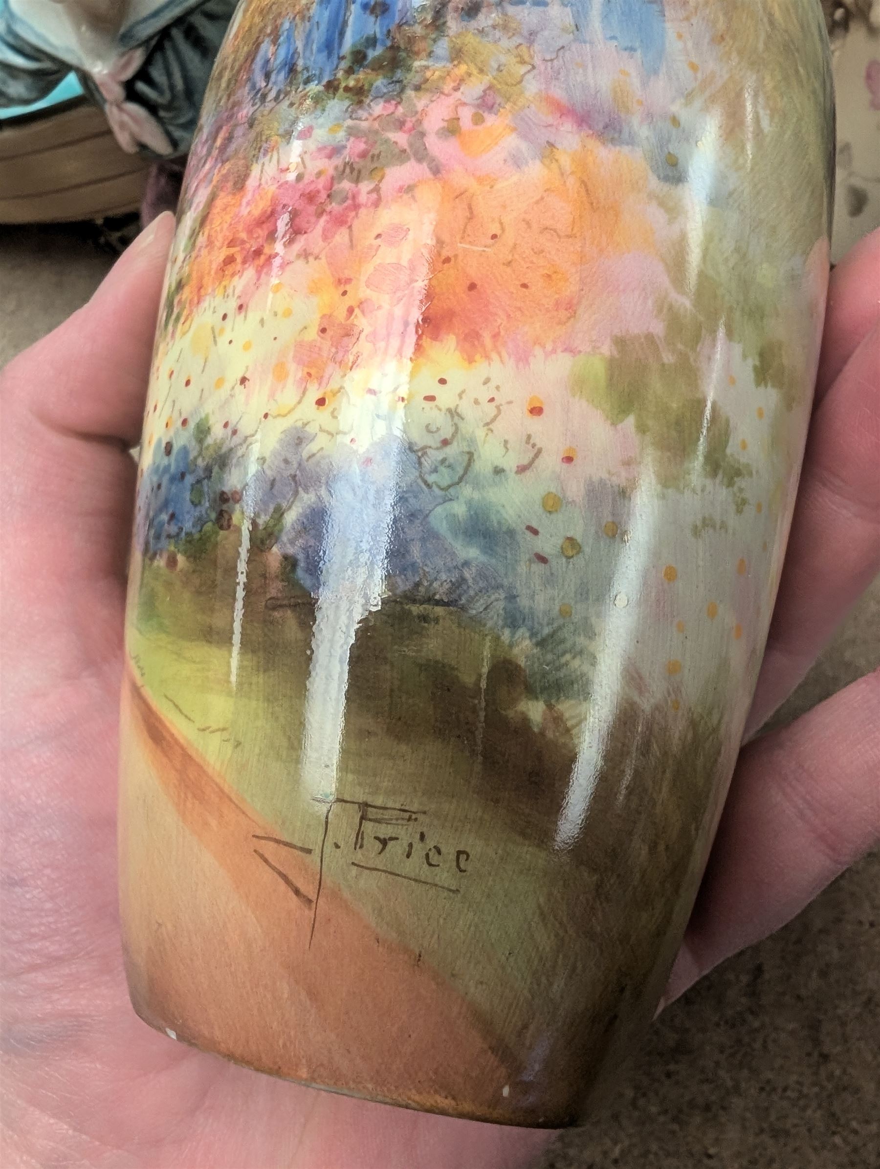 Royal Doulton Kew Gardens vase, signed J Price, together with a Royal Worcester blush ivory three piece cruet set, a Ernst Wahliss ewer, etc 