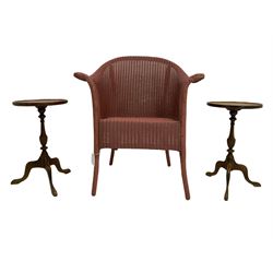 Early Victorian walnut stool with needlework top, pink wicker armchair, oak tripod table, two wine tables, oak mirror and a small carved piney stool (5)