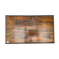 19th century rosewood opium table, rectangular top with moulded edge, the shaped apron decorated with applied brass scrolling foliate detail, raised on shaped supports with stylised leaf feet and cockbeaded edge