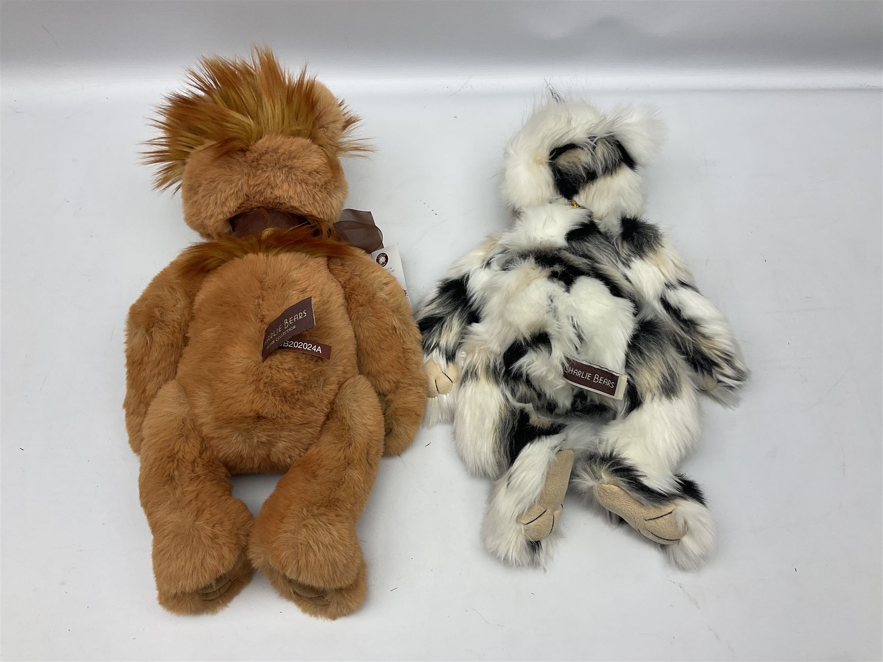 Four Charlie Bears, comprising Geoffrey CB131384, and Hawkins CB202024A, both designed by Isabelle Lee, and Tia CB161507O, and Chequers CB161525O, both designed by Heather Lyell, all with tags 