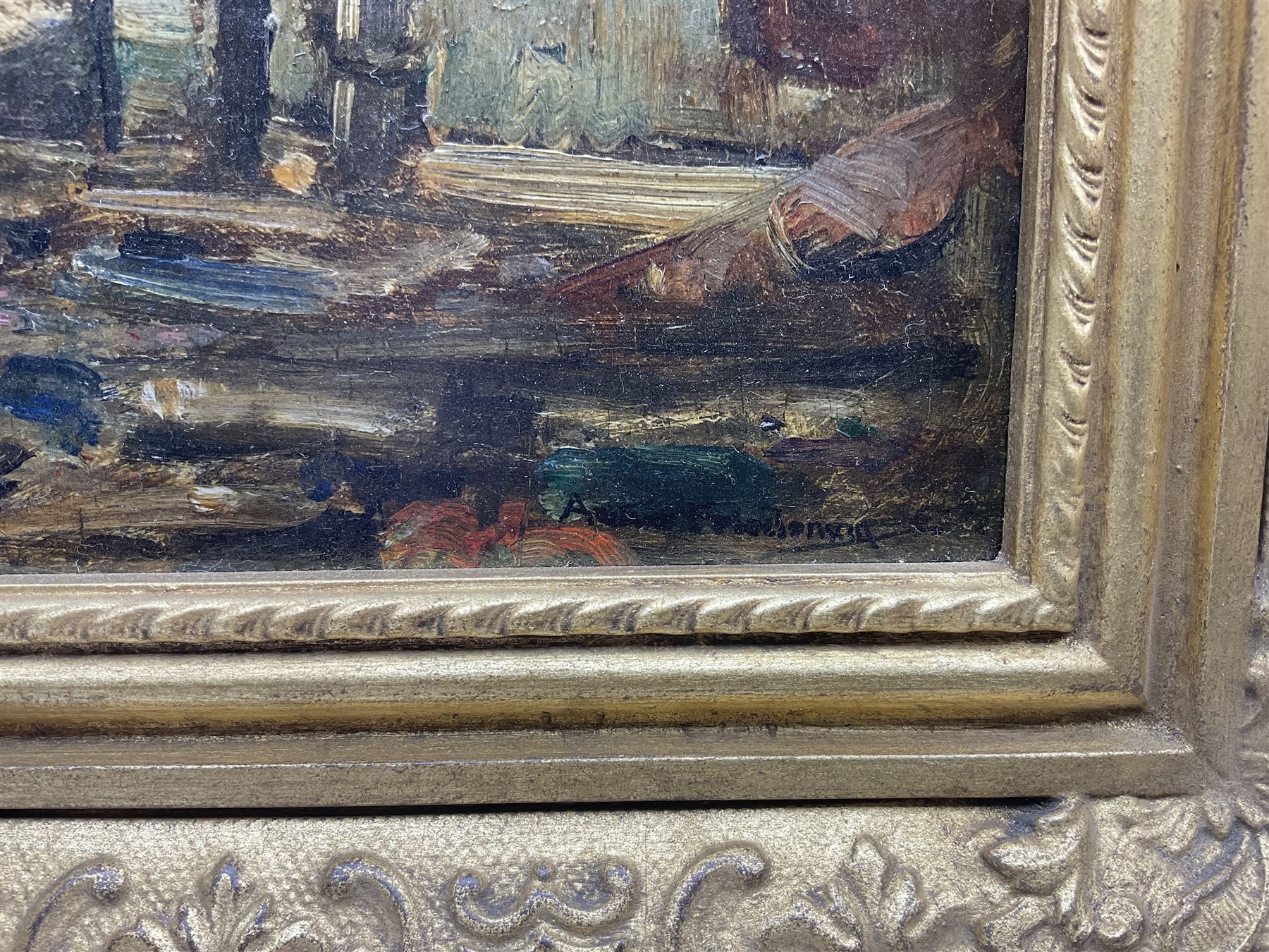 Arthur A Friedenson (Staithes Group 1872-1955): 'In the Harbour - St Monans Fife', oil on panel signed, titled verso 24cm x 34cm