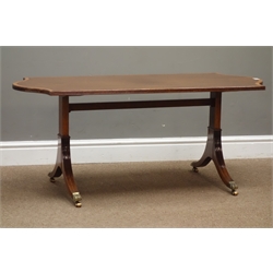  Reproduction mahogany coffee table with satinwood crossbanded top, moulded splayed supports with brass claw castors, 115cm x 50cm, H48cm  