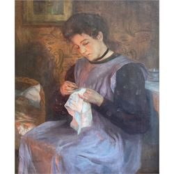 Sir Hubert Von Herkomer RA RWS CVO (British 1849-1914): 'In the Nursery' - Girl Sewing by the Fireside, oil on canvas signed with initials and dated 1879, further signed and inscribed 'Bushey Herts' verso 60cm x 50cm 
Provenance: purchased by the vendor's parents from Wrawby Moor Art Gallery Ltd, Brigg in the 1980s, sold with an undated receipt