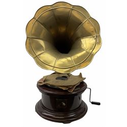 His Master's Voice table top wind up gramophone on a circular wooden base, with brass horn, H72cm, Horn D43cm. 
