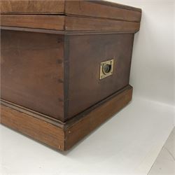 19th century teak chest, with sunken brass handle, the hinged lid with brass plaque engraved 'H.H. Earle 1899', H34cm, L83cm, notes: reputedly the chest of H.H.Earle, daughter of George F Earle of the Earle shipbuilding family of Hull 