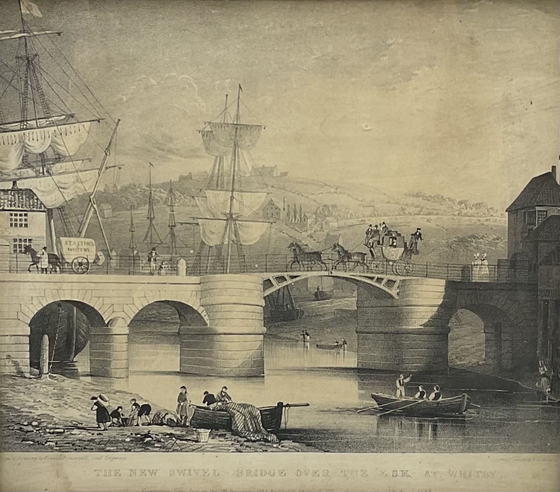 After Francis Pickernell: 'The New Swivel Bridge over the Esk at Whitby', engraving pub. c1835, 22cm x 25cm in original rosewood frame; an interesting collection of prints, engravings and watercolours relating to Whitby (a lot)