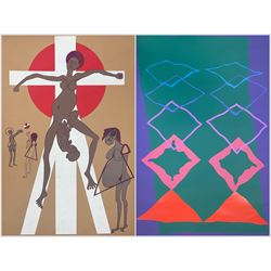 Rolph G Webster (British 20th Century): Woman gives birth on the Cross, screen print signed and dated '74, 76cm x 50cm; Ben C** (British 20th Century): Abstract Diamonds, artists proof lithograph indistinctly signed, dated '70 and numbered 7/10, 102cm x 68cm (2)