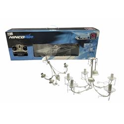 Five branched chandelier with droplet details, together with a similar three branches chandelier and Nincoair Alumax G535 RTF radio controlled helicopter, boxed