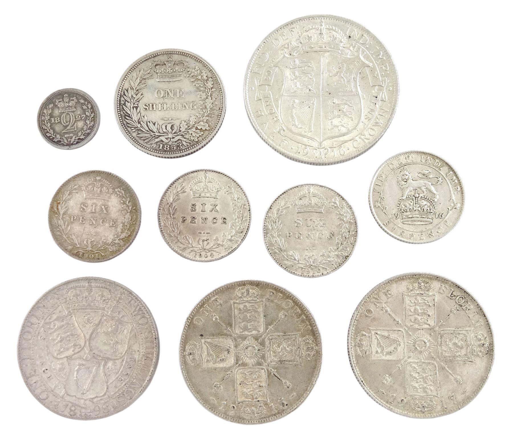 Great British pre 1920 silver coins including King George IV 1827 maundy twopence, Queen Victoria 1853 shilling, 1898 florin and 1901 sixpence, King Edward VII 1904 and 1910 sixpences, King George V 1915 florin, 1916 halfcrown etc (10)