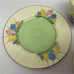 Clarice Cliff trio and plate in Spring Crocus pattern, all with printed mark beneath, plate D25cm 