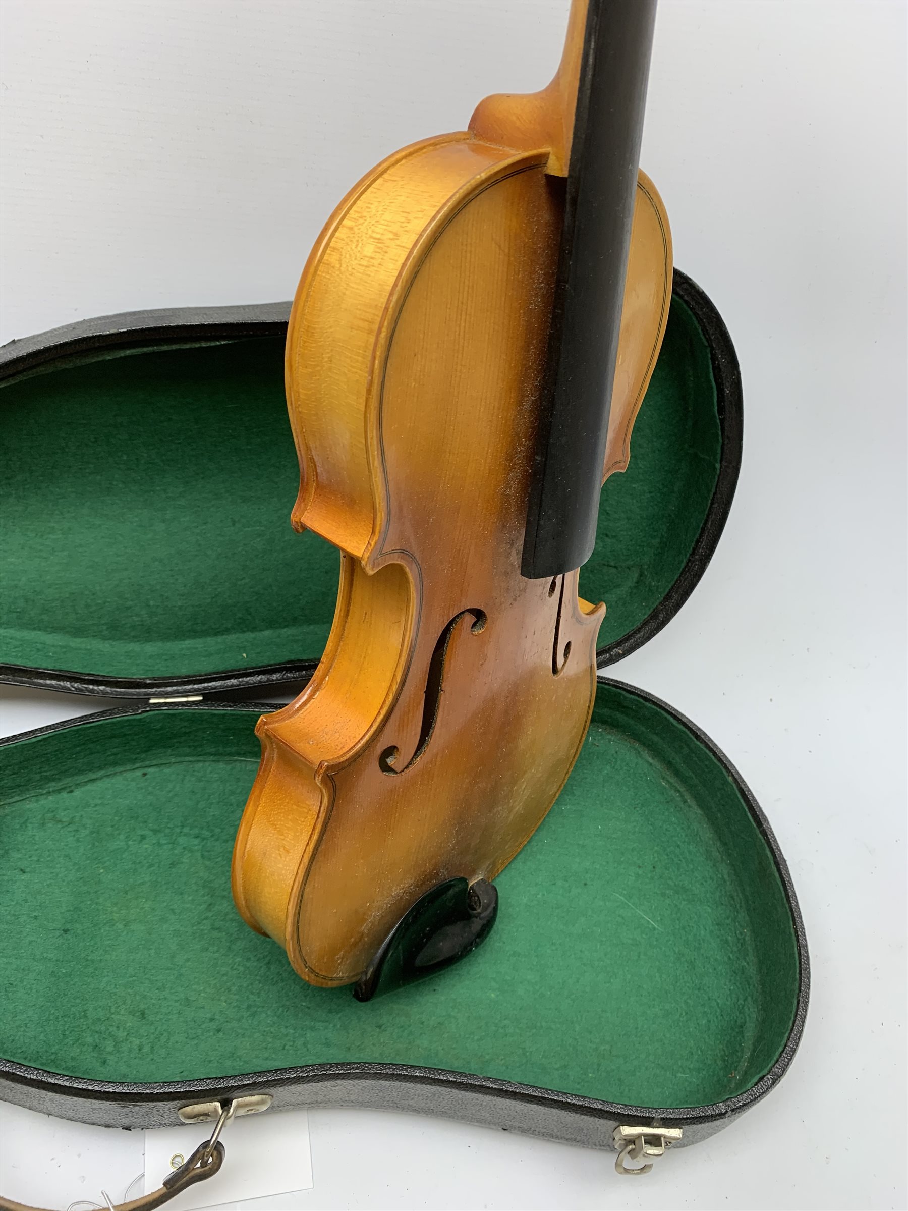 Artia Excelsior for Boosey & Hawkes violin for completion with 35.5cm two-piece maple back and ribs and spruce top, bears label, lacking tailpiece, chinrest, bridge and one tuning peg, 59cm overall, in hard carrying case with bow