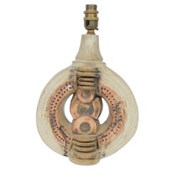 Bernard Rooke (British 1938-): two studio pottery table lamp bases, each with relief moulded abstract designs, signed with initials, tallest H40cm