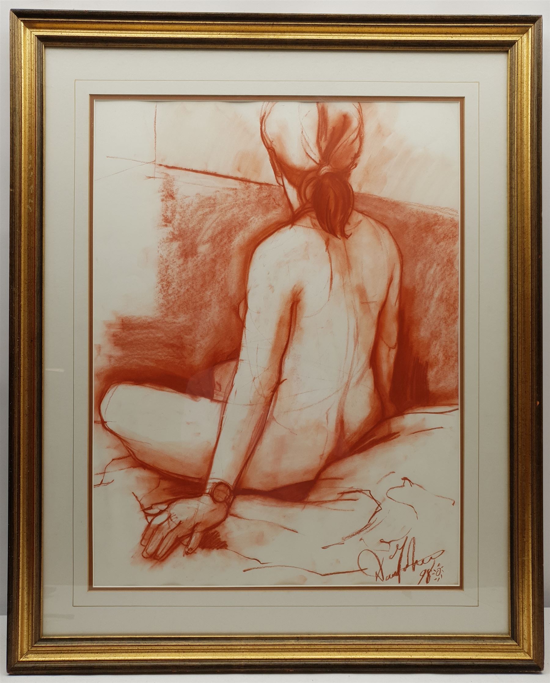 David Fisher (British 1963-): Seated Nude, sanguine signed and dated '98, 63cm x 47cm