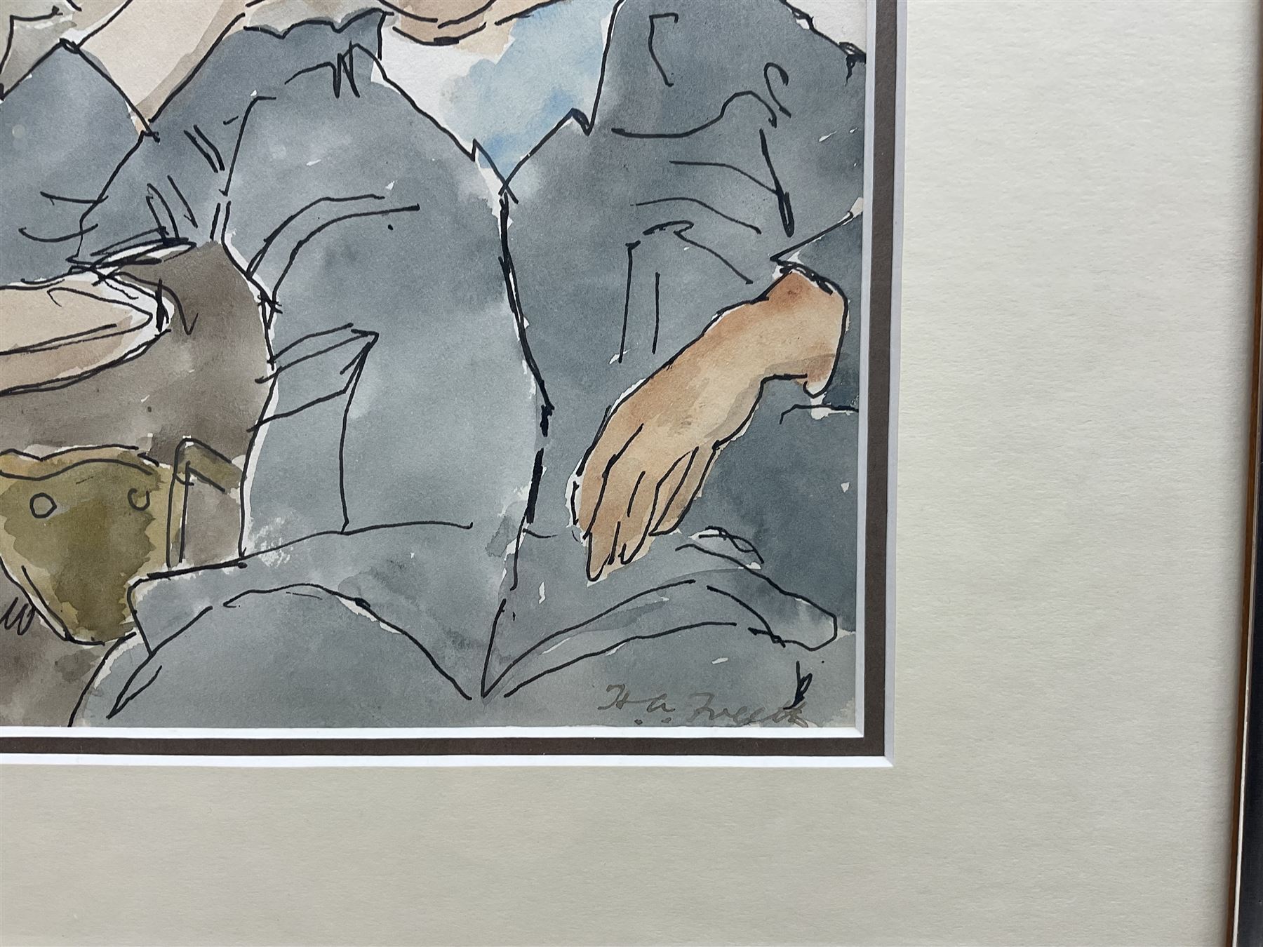 Hubert Andrew Freeth RA (British 1912-1986): 'Refreshment Tents - Henley Regatta' and Two Workers Asleep, two ink and watercolours signed, one titled on John Lindsey Fine Art label verso, exhib. 1982, max 30cm x 41cm (2)