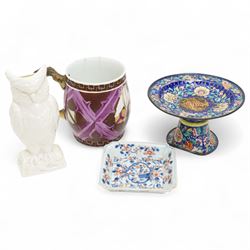 Early 19th century mug with metal handle painted by Jas. Alden 1814 H15cm, Belleek owl vas...