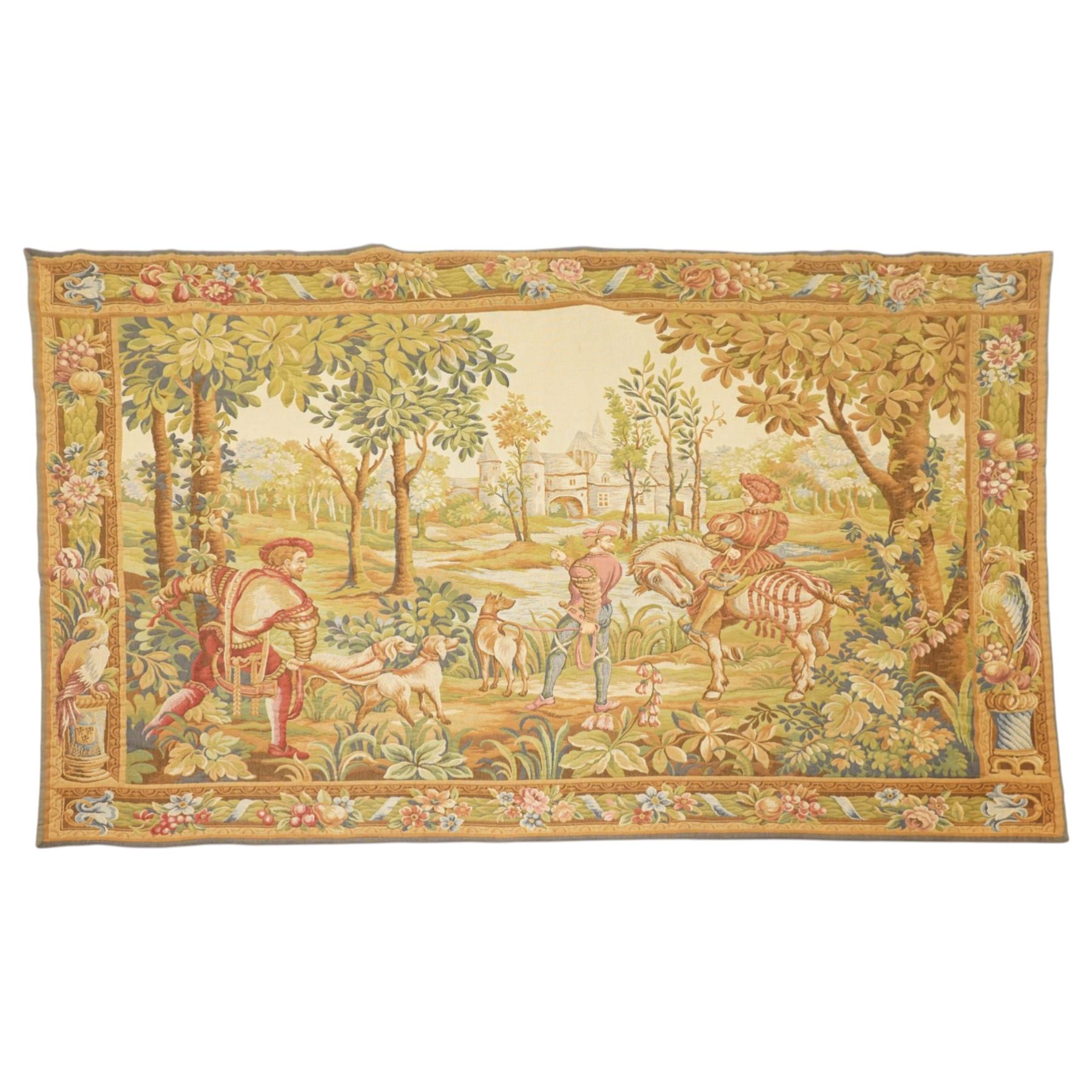 Large French Aubusson style verdure tapestry, of 18th century design but later, depicting a hunting party in a country landscape, 175cm x 271cm
