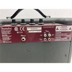 Richwood electric bass guitar in blue, cream and natural finish L117cm; in Fender soft carrying case; together with Behringer Thunderbird Bx108 amplifier date code 0 4 11.