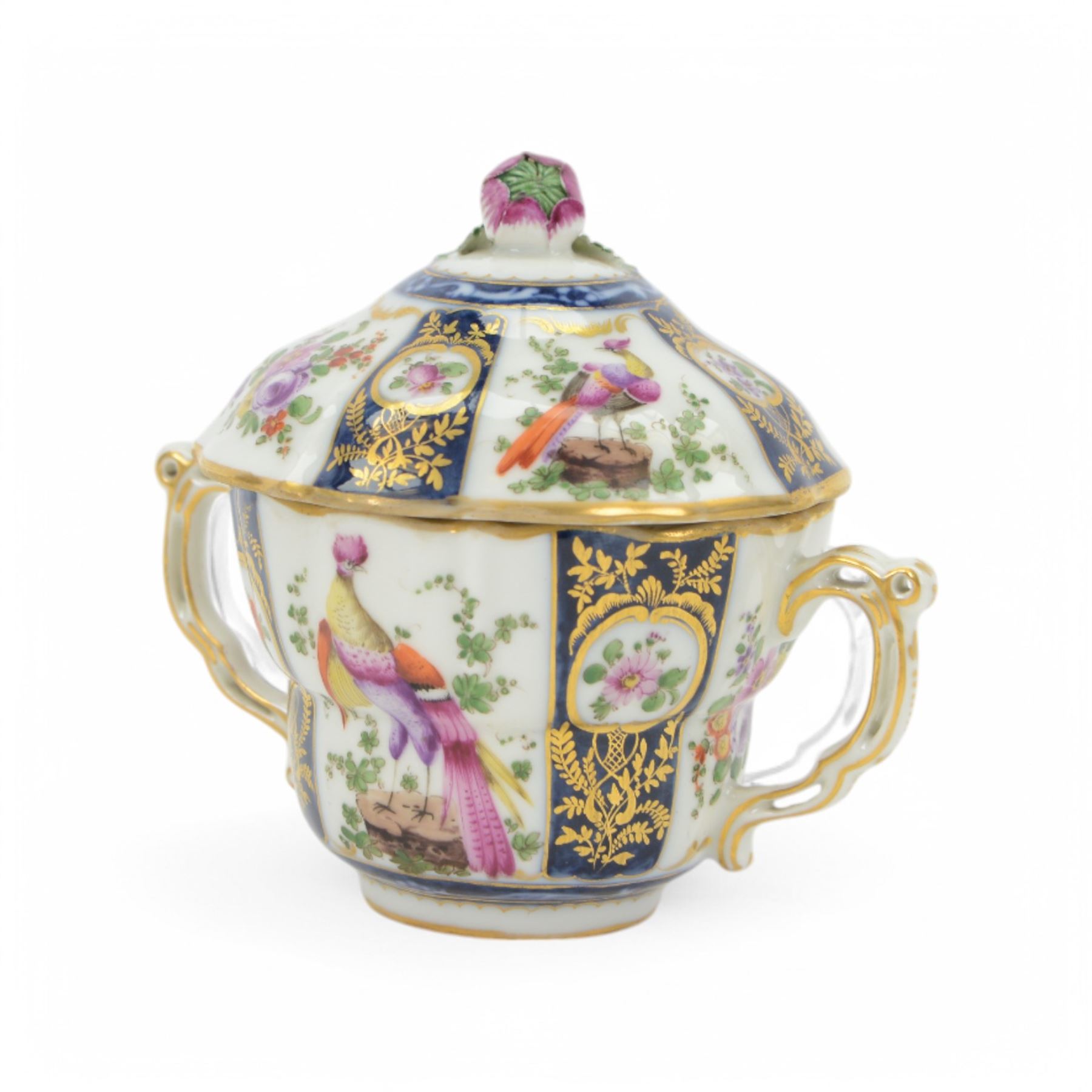 19th century porcelain chocolate cup and cover, decorated in the manner of Worcester with exotic birds, probably Samson Paris 