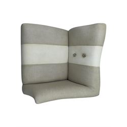 Pair of contemporary hardwood corner chairs, upholstered in broad alternating bands of neutral-toned fabric, each with two knotted rope buttons to the backrest, the whole raised on turned and lightly whitewashed supports terminating in castors