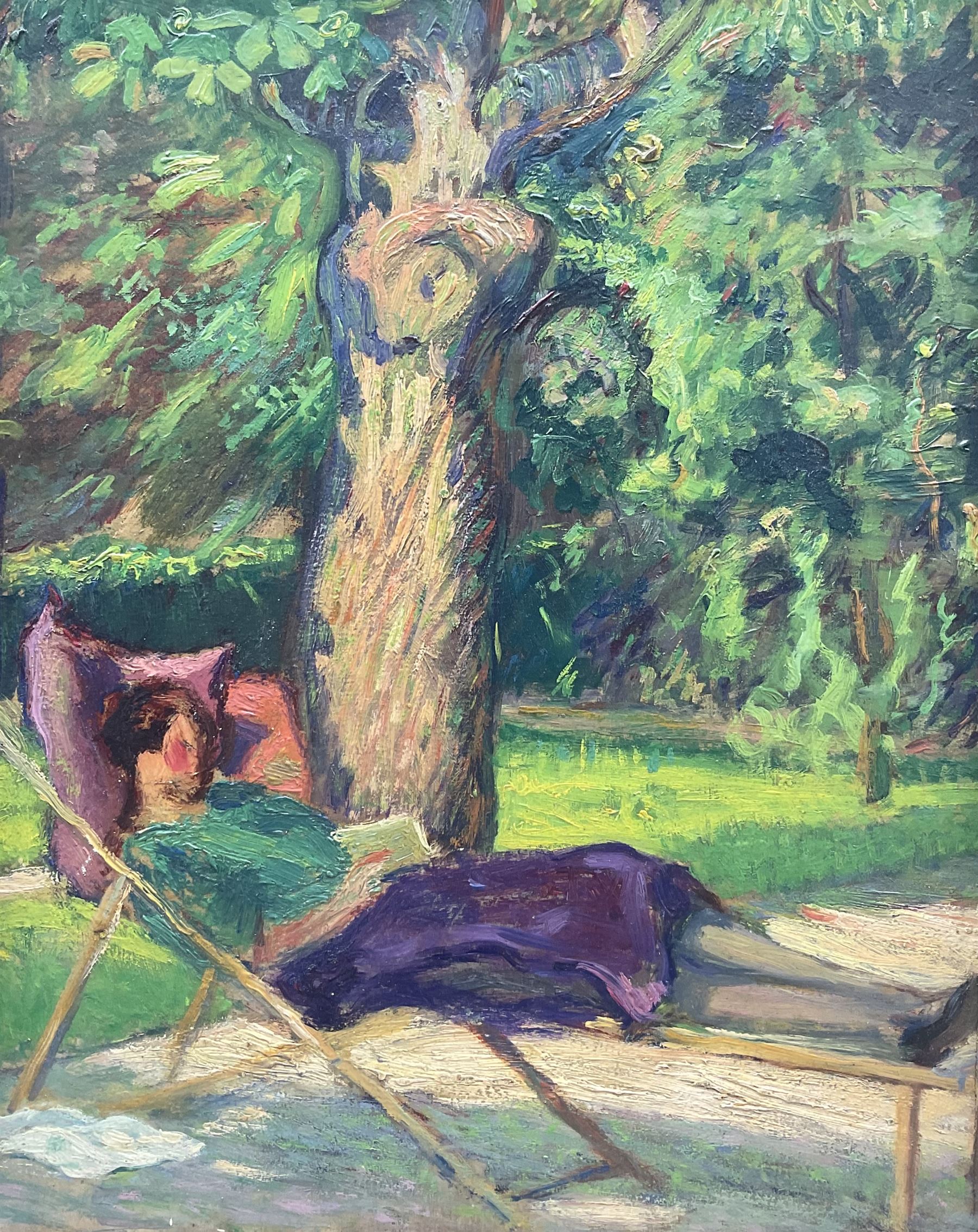 After Christian Adam‏ Landenberger (German 1862-1927): A Lady Lounging on her Chair, oil on board unsigned, indistinctly inscribed verso 34cm x 27cm 