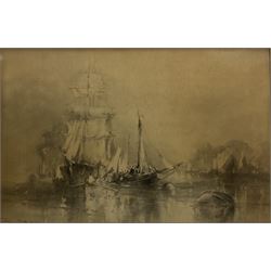 Frank Wasley (British 1848-1934): Shipping in the Harbour, charcoal drawing signed 50cm x 75cm