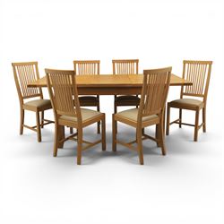 Contemporary oak dining extending table and set of six chairs, with additional leaf  exten...