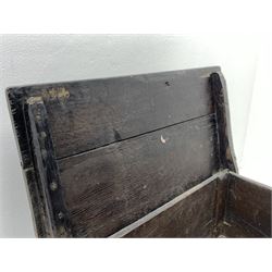 17th century vernacular oak boarded and joined clamp-front coffer or ark chest, enclosed by hinge lid, vertical stile supports