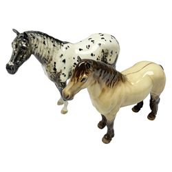 Two Beswick figures of horses, comprising Dun highland pony, model no 1644, together with Appaloosa stallion, model no 1772, both with printed mark beneath, largest H20cm