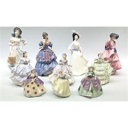 A group of figures, comprising four Royal Worcester examples, The Milkmaid, Lady Emma, Lady Cicely, Lady Hannah, three Royal Doulton examples, Top o' the Hill HN1849, Margaret HN2397, Fair Lady HN3216, two Coalport examples Fairest Flowers Heather, and Pansy, and a Wedgwood figure commissioned by Spink, The Imperial Banquet. 