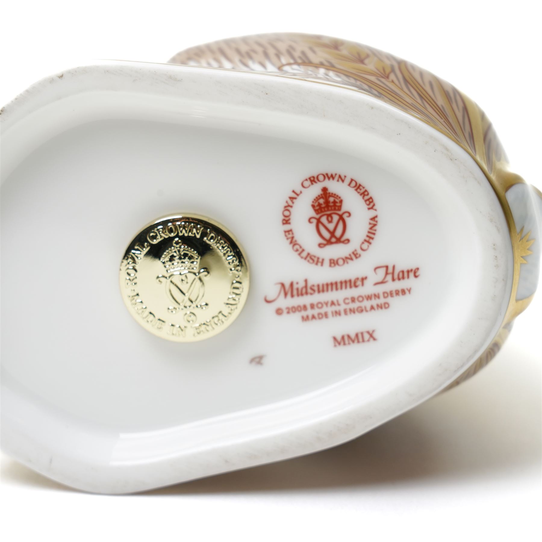 Royal Crown Derby 'Midsummer Hare' paperweight, with gold stopper, boxed, H17cm 