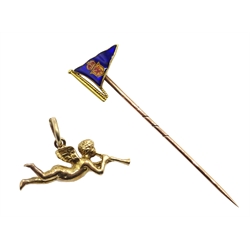 18ct gold and enamel Scottish pennant stick pin and a 9ct gold cherub charm hallmarked