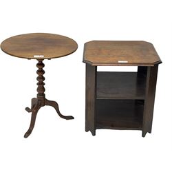 19th century mahogany tripod table, circular top on turned column with three splayed supports (D56cm, H66cm); early 20th century oak three tier coffee table (56cm x 56cm, H60cm); 20th century wooden and metal bound 'Fassina's French Laundry' trunk (W62cm) (3)