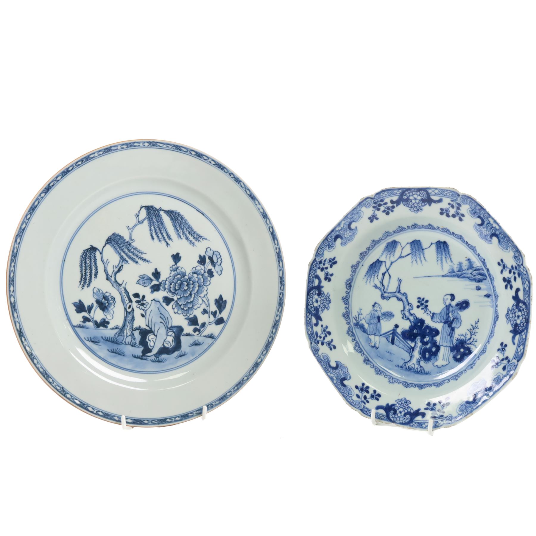 Two 18th century Chinese blue and white plates, comprising octagonal example with figural scene to centre and a larger circular example decorated with a garden scene, largest D27.5cm
