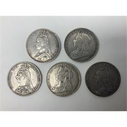 Five Queen Victoria crown coins, dated three 1889, 1897 and 1900 (5)