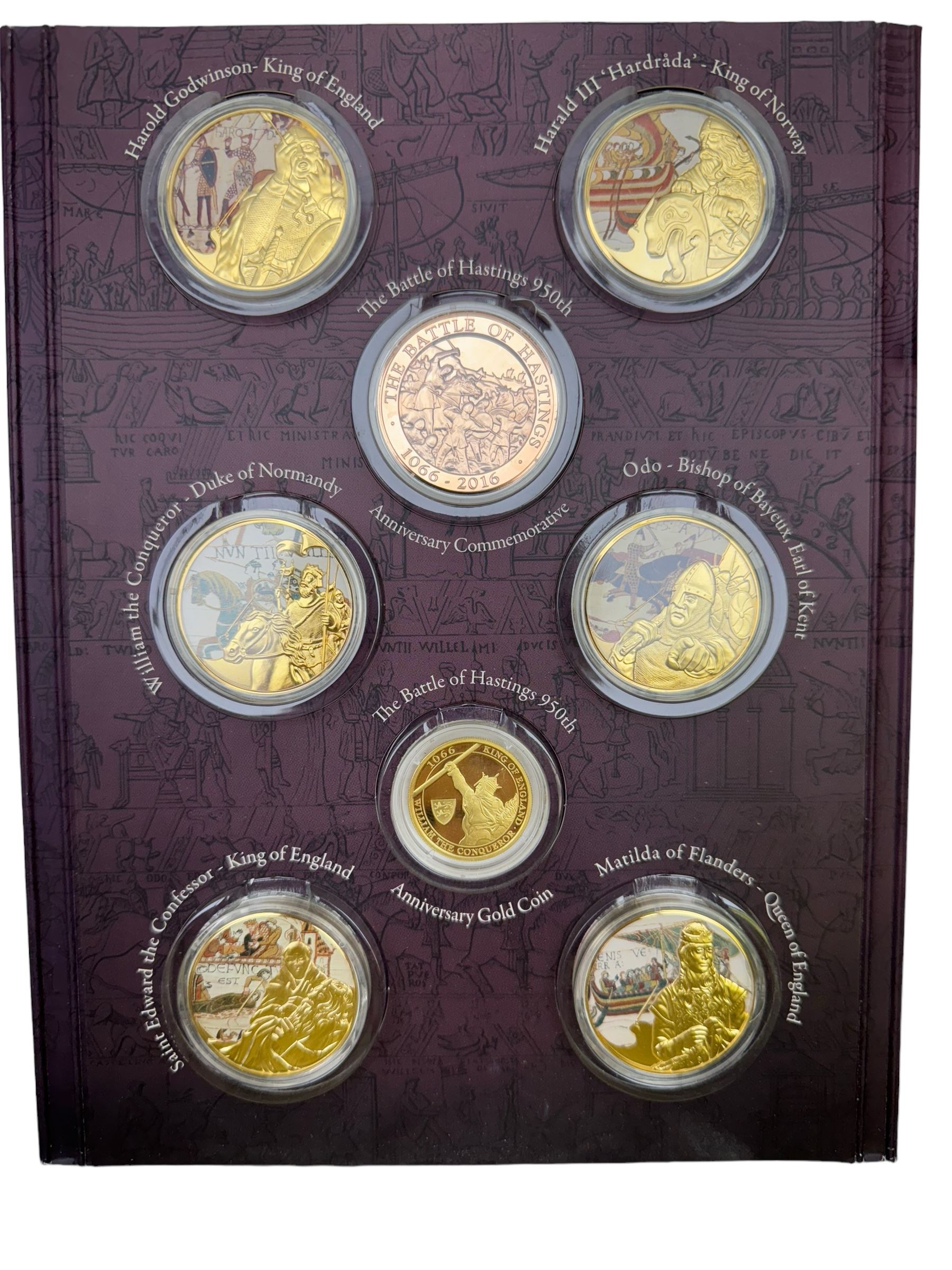 The London Mint Office '1066 The Battle of Hastings' collection including Queen Elizabeth II Gibraltar 2016 9ct gold ten gram double crown coin, housed in card folder with certificates 