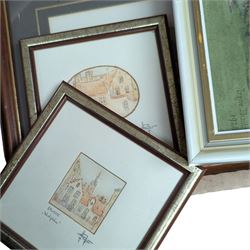 H E Downing watercolour of Chester; S Wagstaff pair of watercolours; Irene Dunlop cottage watercolour together with watercolour of ducks and others (one box)