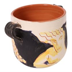 Vallauris French pottery by Patrick Bocca Rossa, twin handled jardinière decorated with figures, H25cm 