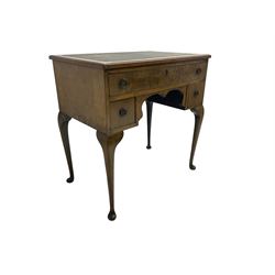 Georgian design walnut writing table, rectangular top with inset leather writing surface, fitted with three kneehole drawers, raised on cabriole supports