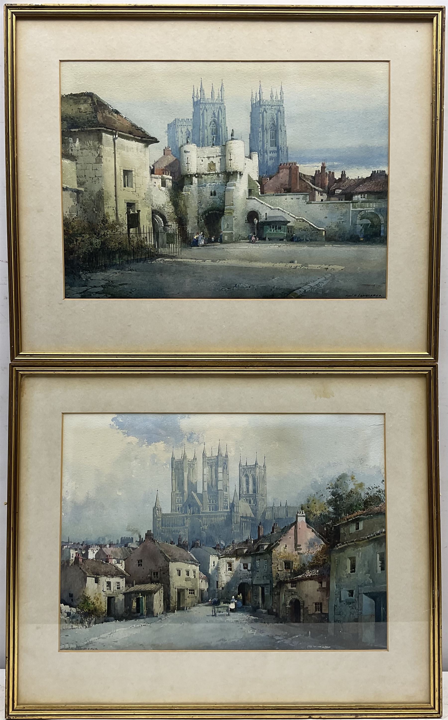 Noel Harry Leaver (British 1889-1951): York Minster from Bootham Bar and Lincoln Cathedral, pair watercolours signed 27cm x 37cm (2)