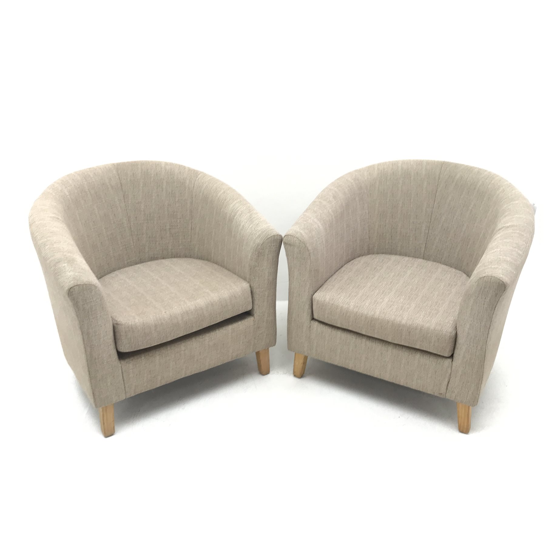 Pair tub chairs, upholstered in a beige fabric, square tapering