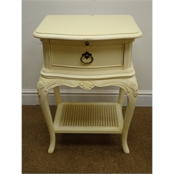 Pair Wallis & Gambier Ivory serpentine bedside chest, moulded top, single drawer, shell carved cabriole legs joined by cane work undertier, W50cm, H68cm, D45cm  (2)  