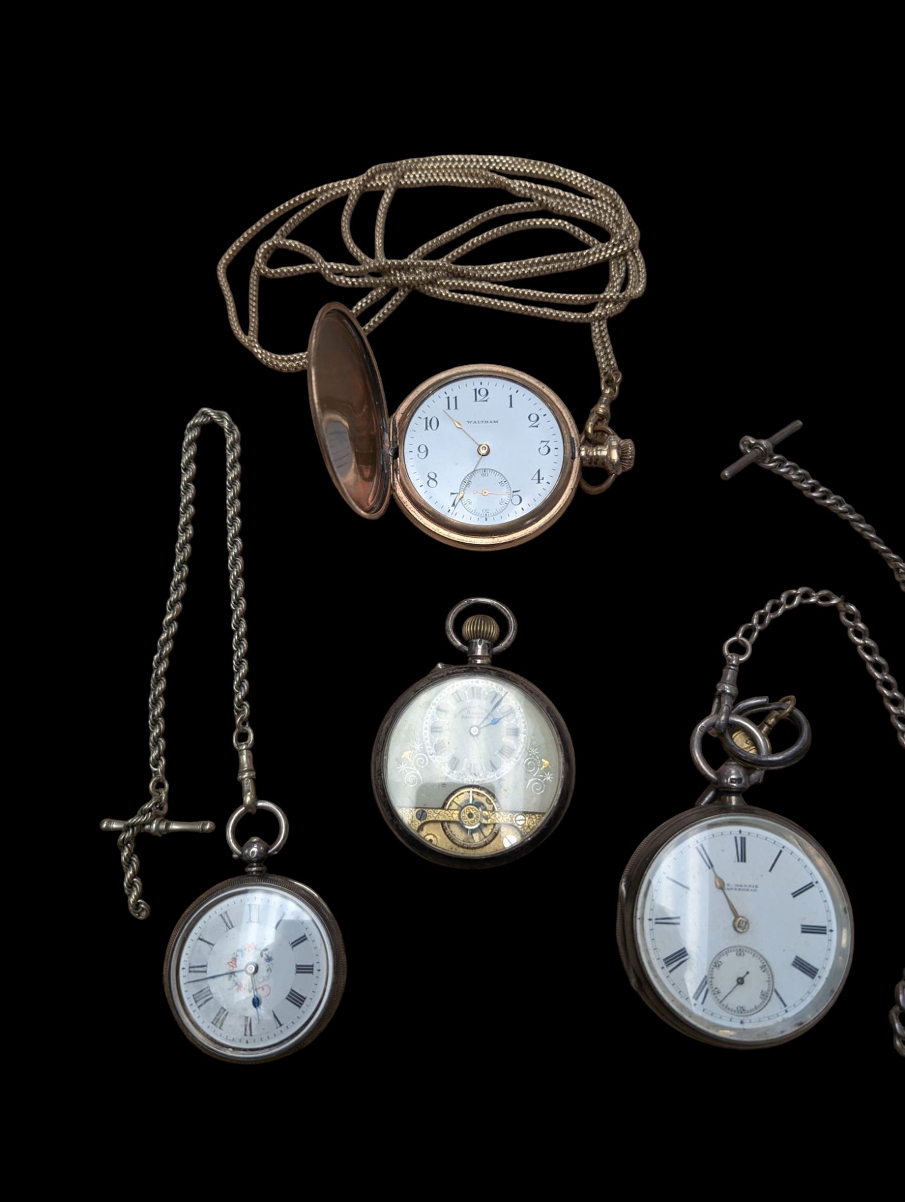 Watham gold-plated full hunter lever pocket watch, 8 Days silver pocket watch, Victorian silver lever pocket watch by Mennie, Gateshead and one other silver gob watch