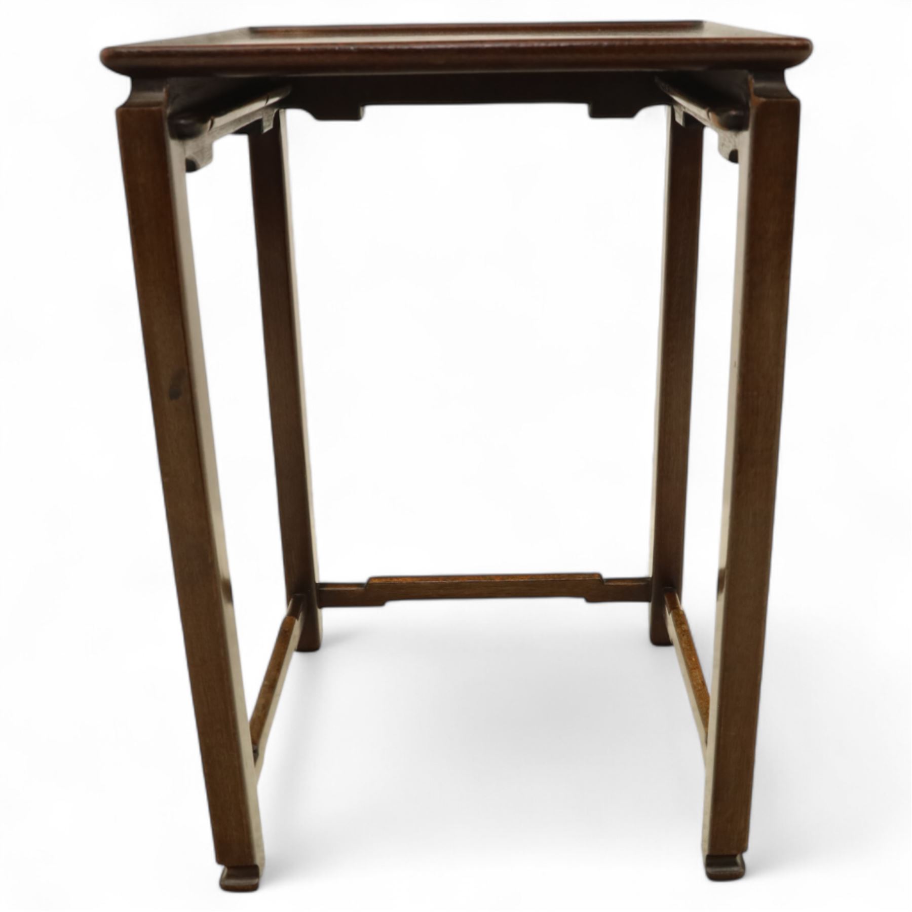 Whytock & Reid, Edinburgh  - Edwardian nest of three Chinese-style solid mahogany occasional tables, rectangular top with finely moulded edge above slim square section legs with subtly chamfered inner edges, joined by H-shaped stretchers, largest W40xD33xH52cm