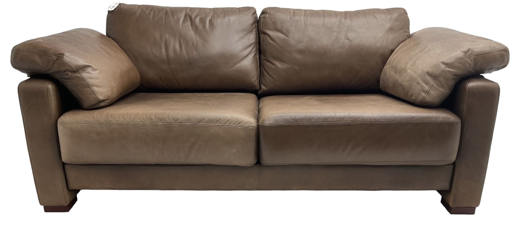 Heals - contemporary two seat 'Palermo' sofa, upholstered in chocolate brown leather, raised on wooden block feet