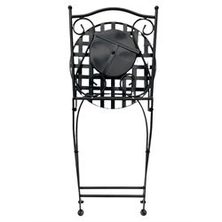 Black painted metal bistro set, circular table with mosaic top, and pair of folding chairs with mosaic panels 