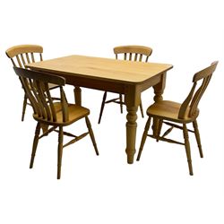Light wood kitchen table; set of four chairs,  chairs have a shaped top rail over four vertical slats dished seat over turned legs on a H-stretcher 