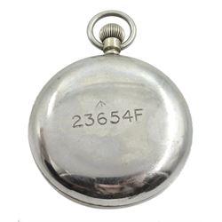 WWI British Military nickle open face keyless lever pocket watch by H. Williamson, London, No. 196228, black dial with subsidereary seconds dial, screw back case by Dennison, engraved broad arrow and 23654F