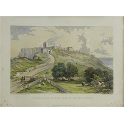  'Scarborough from the Sea', 'Scarborough Castle, from St Mary's Church', 'Scarborough' and 'Mail Changing', four 19th century lithographs hand coloured and  Figures in a Rural Landscape by a Lake, 19th century French school watercolour dated 14 Mai 76, max 43cm x 53cm (5)  